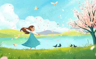 唯美治愈春天女孩踏青旅游立春春分惊蛰卡通插画背景