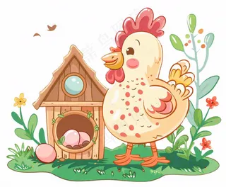 母鸡鸡窝孵鸡蛋植物木屋牲畜动物卡通插画免抠