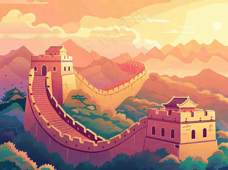 万里长城中国山河国潮插画北京旅游景点八一建军节红色文化卡通插画背景(1264x944)
