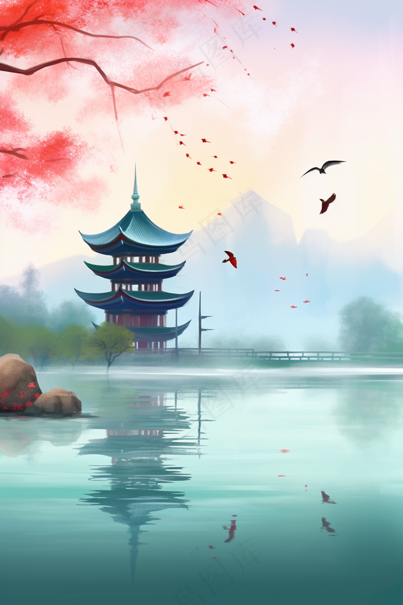 山水画凉亭湖水中国风插画背景(2688x4032)