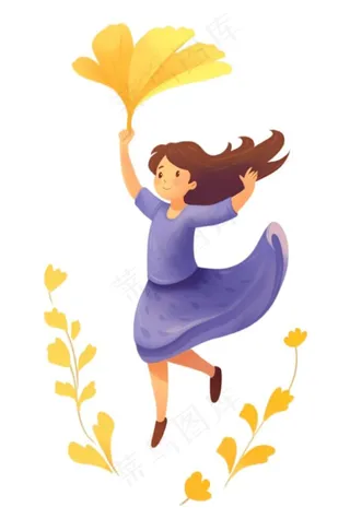 女孩少女拿着黄叶起舞美丽的裙摆卡通插画免抠