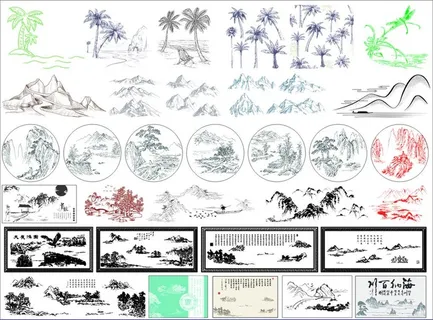 山水画插画矢量图图片