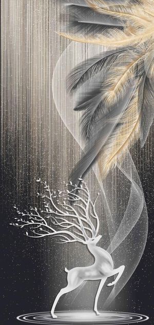 轻奢羽毛麋鹿山水玄关画图片