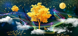 金色飘带麋鹿意境山水装饰画图片