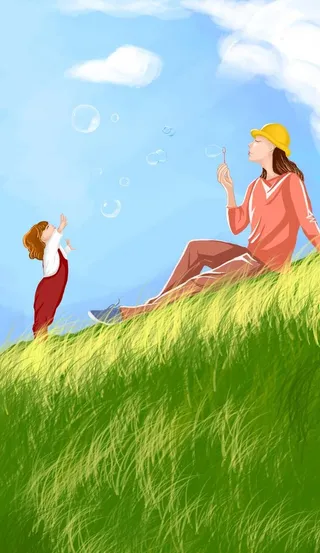 手绘 草地上的母女图片