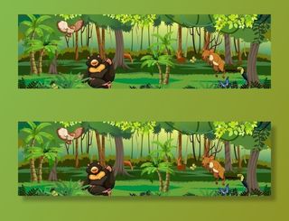 卡通动物森林背景手绘矢量图图片