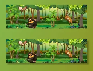 卡通动物森林背景手绘矢量图图片