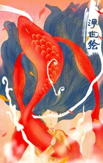 锦鲤日式浮世绘插画卡通背景素材图片 锦鲤日式浮世绘插画卡通背景素材图片