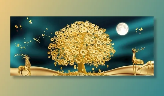 飘带金色麋鹿山水装饰画图片