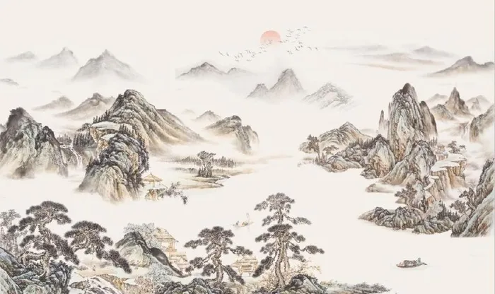 仿古青绿山水国画电视背景墙图片(9071x5669)