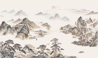 仿古青绿山水国画电视背景墙图片