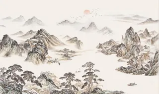 仿古青绿山水国画电视背景墙图片