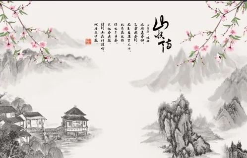 新中式工笔花卉山水情背景墙图片 新中式工笔花卉山水情背景墙图片