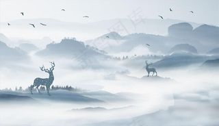 水墨山水 鹿 大雁 背景墙图片