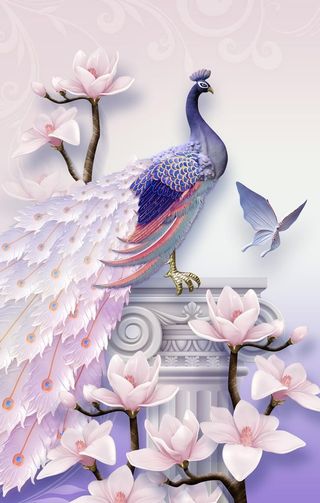 国画孔雀家和富贵装饰画图片