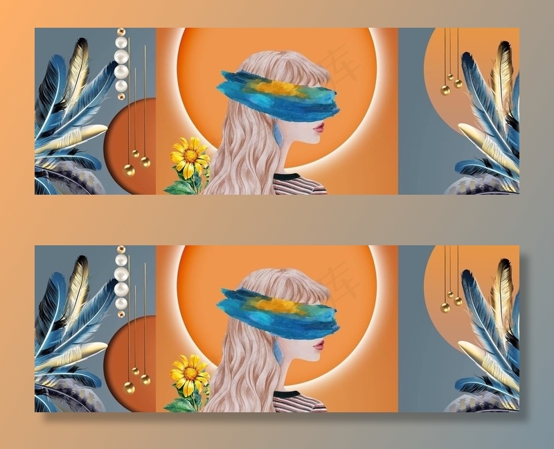 抽象美女羽毛几何图形装饰画图片(9449x3543)