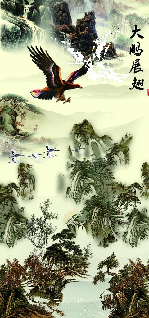 大鹏展翅水墨画玄关背景图片psd模版下载