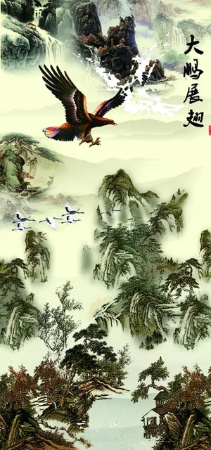 大鹏展翅水墨画玄关背景图片