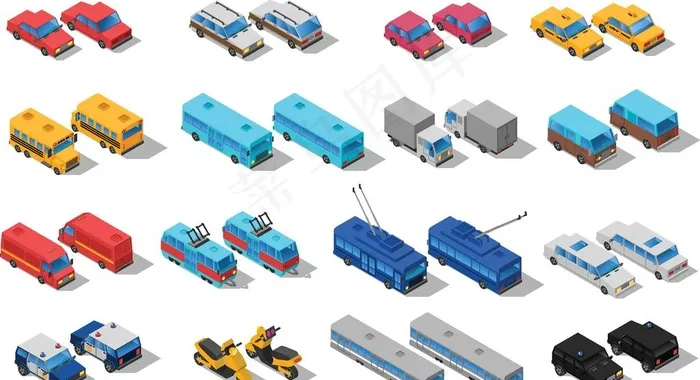 立体2.5D卡通特种车交通工具图片eps,ai矢量模版下载
