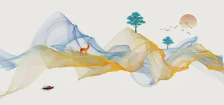 金色丝带麋鹿意境山水装饰画图片