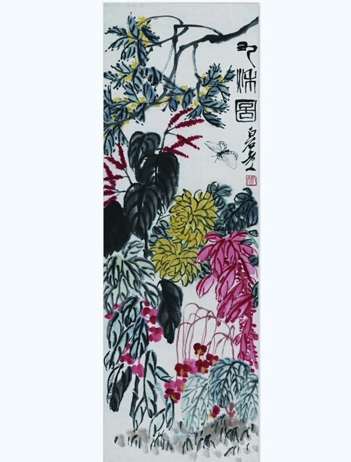 齐白石-红花绿叶蝴蝶图图片(5184x13376)