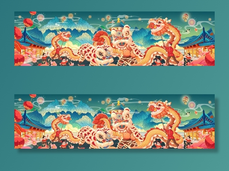 国风舞龙舞狮新年贺图横板长图图片psd模版下载