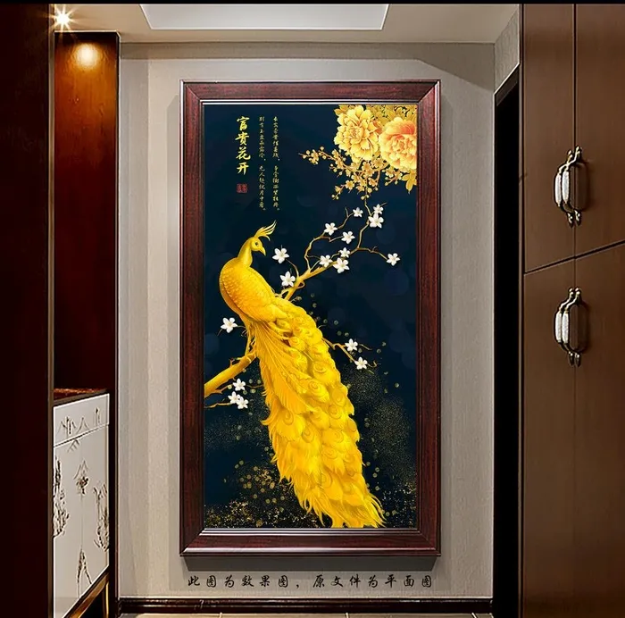 花开富贵孔雀玄关画图片(3402x6803)psd模版下载
