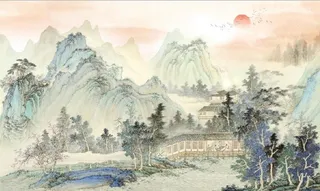 中式青绿瀑布山水国画电视背景墙图片