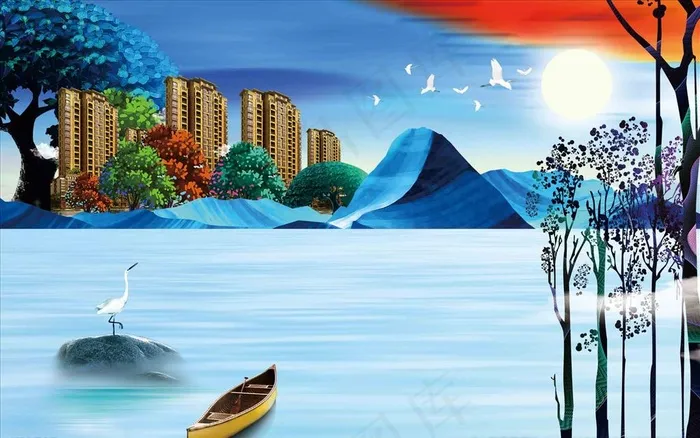 古典手绘风景插画海报展板背景图片(3345X2200(DPI:150))psd模版下载