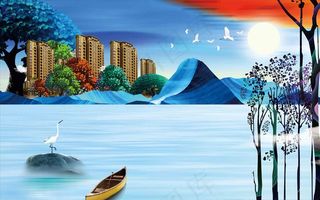 古典手绘风景插画海报展板背景图片