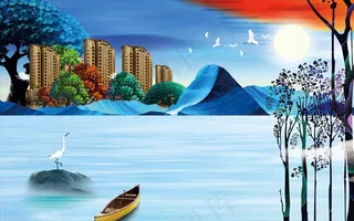 古典手绘风景插画海报展板背景图片