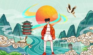 国潮人物国风插画卡通背景素材图片