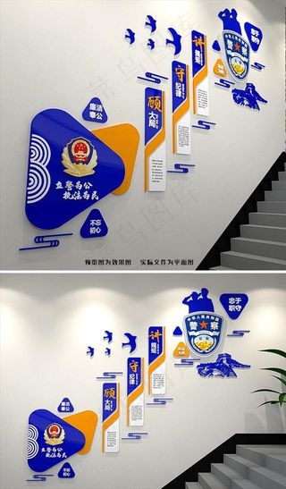 蓝色*局楼梯警营文化墙图片