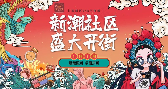 国潮风时尚商场、商业街开业展板图片