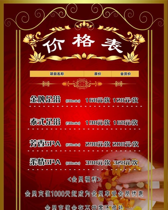 足浴 价格表图片cdr矢量模版下载