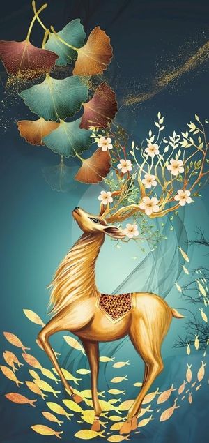 银杏叶麋鹿晶瓷画装饰画玄关图片