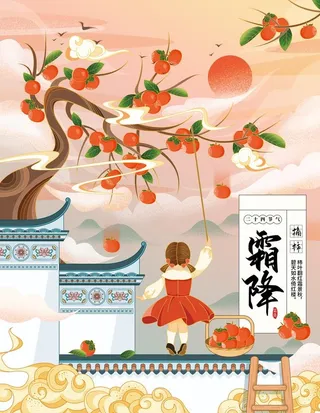 霜降节气摘柿子国潮手绘插画海报图片