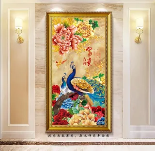富贵牡丹孔雀玄关画图片