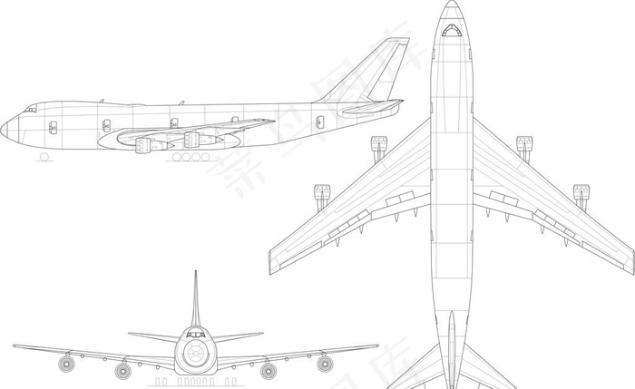 大飞机波音747矢量三视图线稿图片ai矢量模版下载