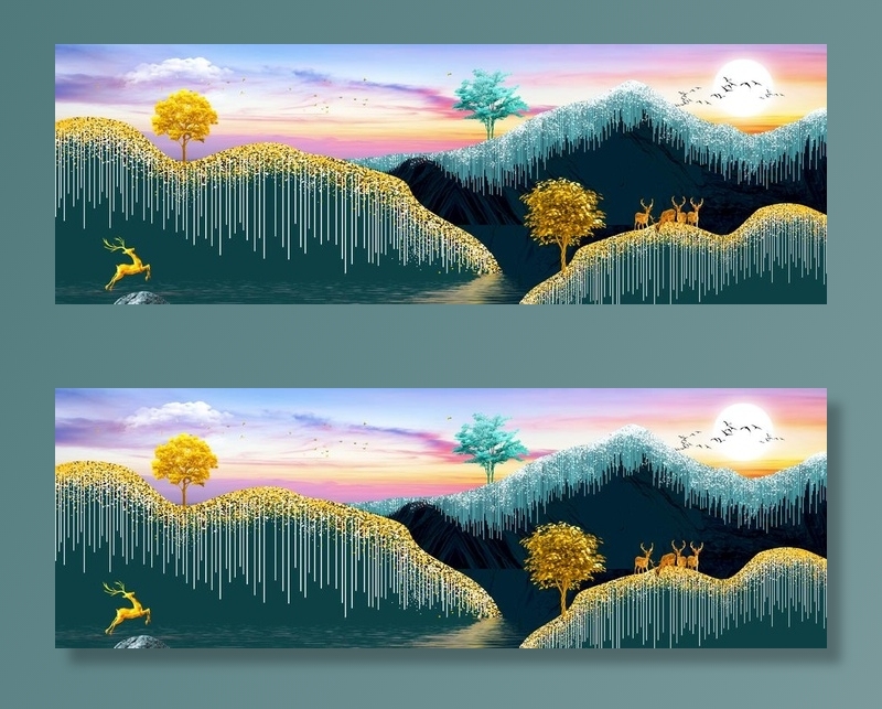 金色麋鹿山水艺术晶瓷画图片(9626x3543)psd模版下载