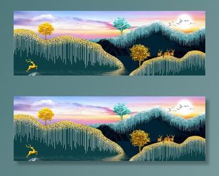 金色麋鹿山水艺术晶瓷画图片