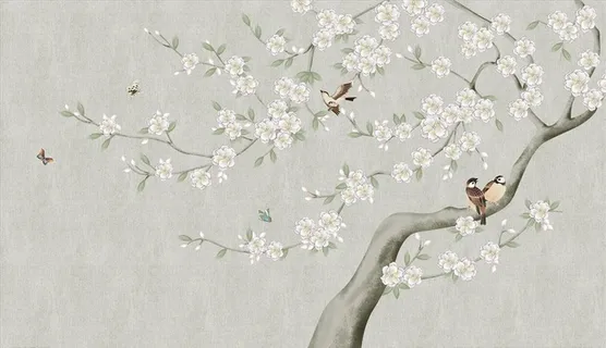 花鸟画 梨花 飞鸟 背景墙图片