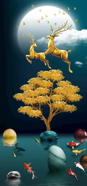 麋鹿山水石来运转装饰画玄关图片