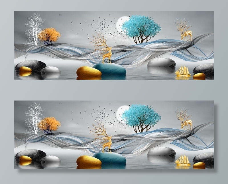 金色麋鹿发财鹿晶瓷画图片(9449x3543)