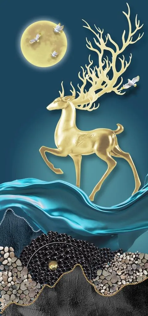 金色麋鹿发财鹿晶瓷画图片(4724x9449)psd模版下载