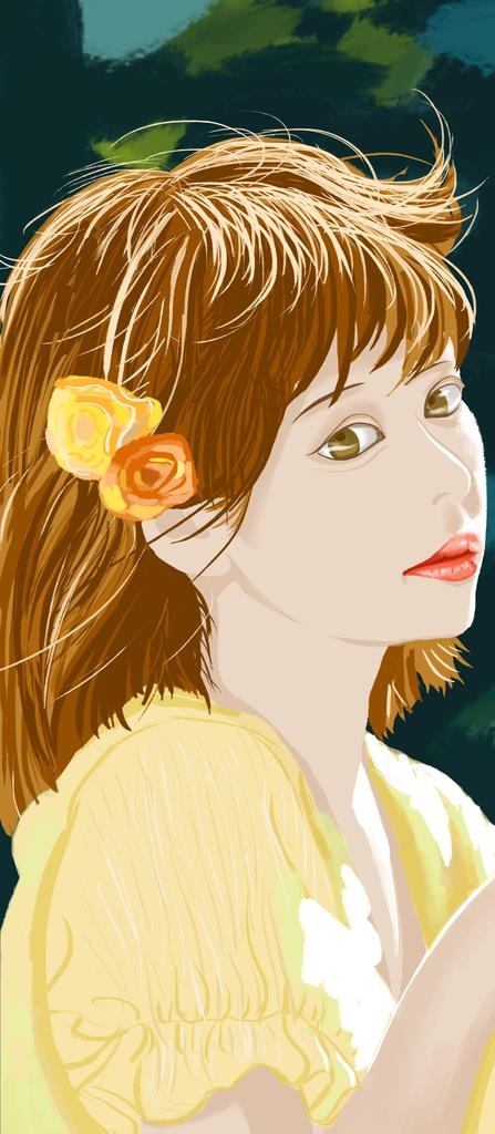手绘 戴花的少女图片(3000x6418)psd模版下载