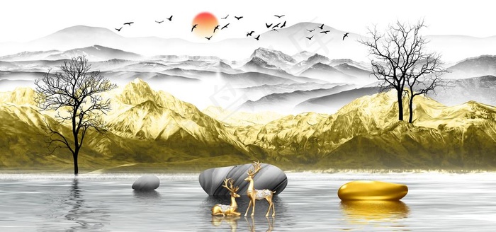 新中式麋鹿山水背景墙图片