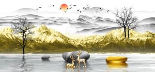 新中式麋鹿山水背景墙图片