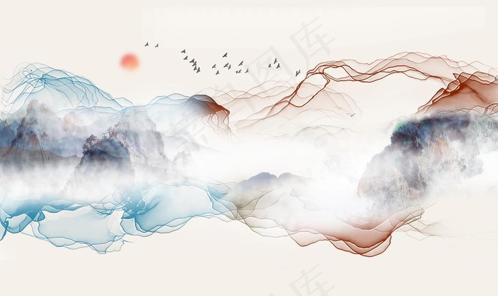 新中式抽象线条山水装饰画背景墙图片