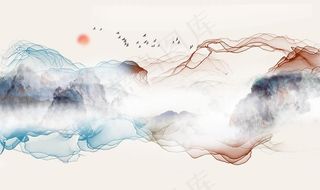新中式抽象线条山水装饰画背景墙图片